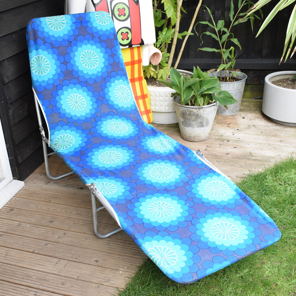 Vintage 1970s Garden Sun Lounger - Blue Flower Power