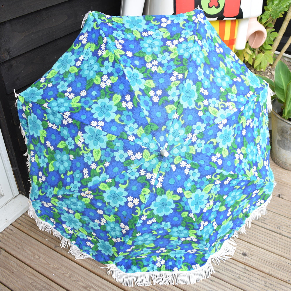 Vintage 1960s Folding Clip On Garden Parasol - Flower Power - Blue by Vintage