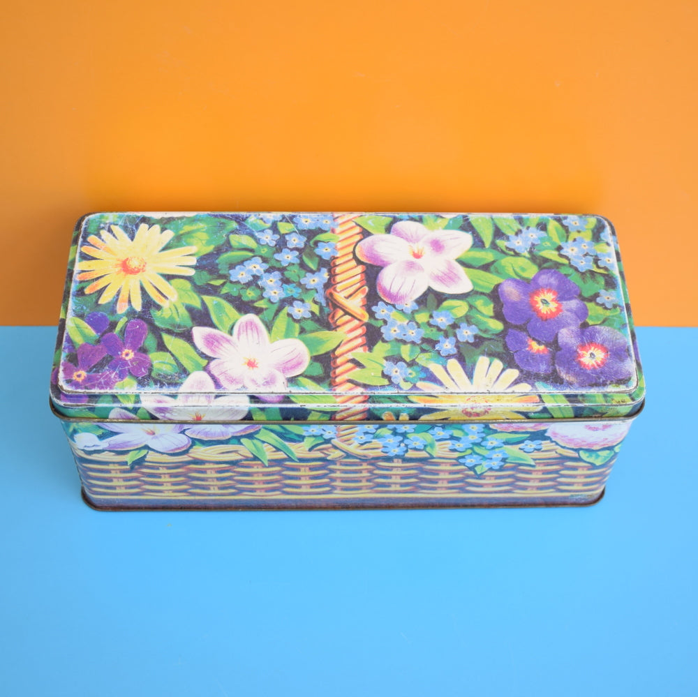 Vintage 1980s Basket Of Flowers Tin - Purple