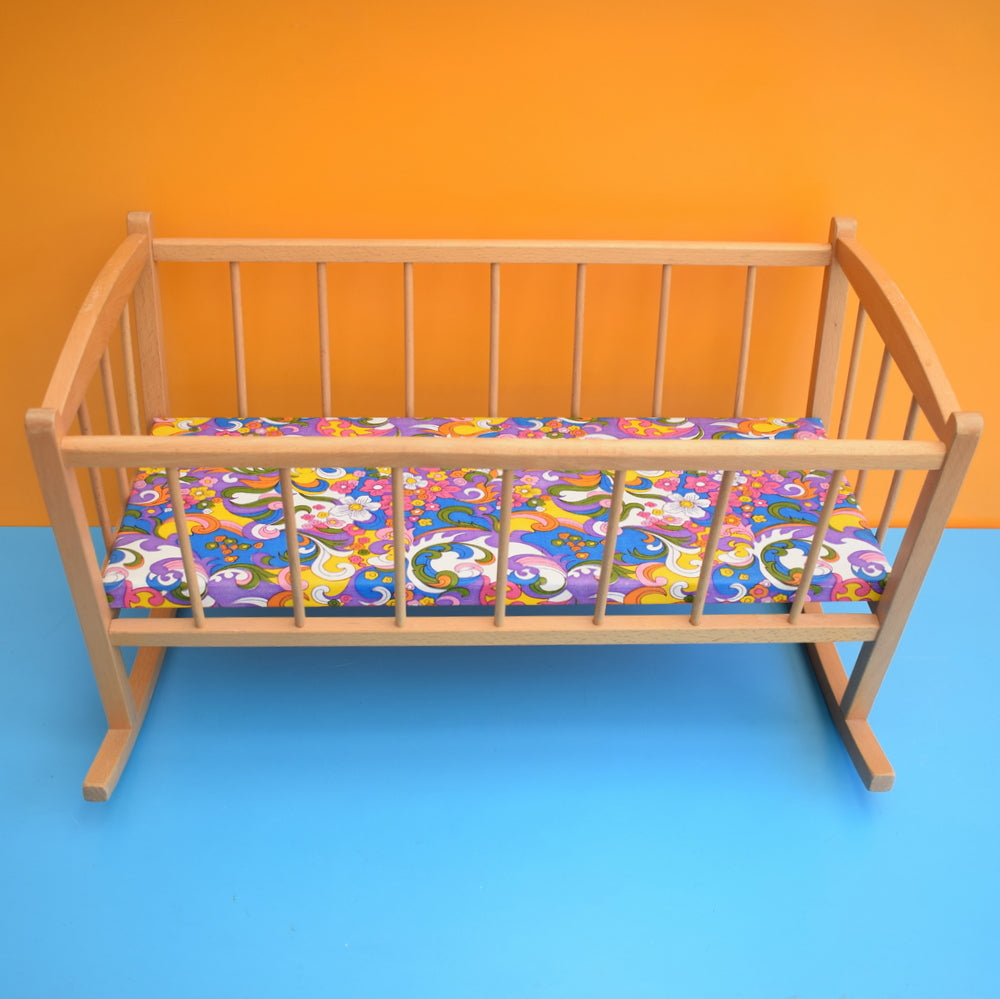 Vintage 1970s Wooden Rocking Dolls Crib- Flower Power