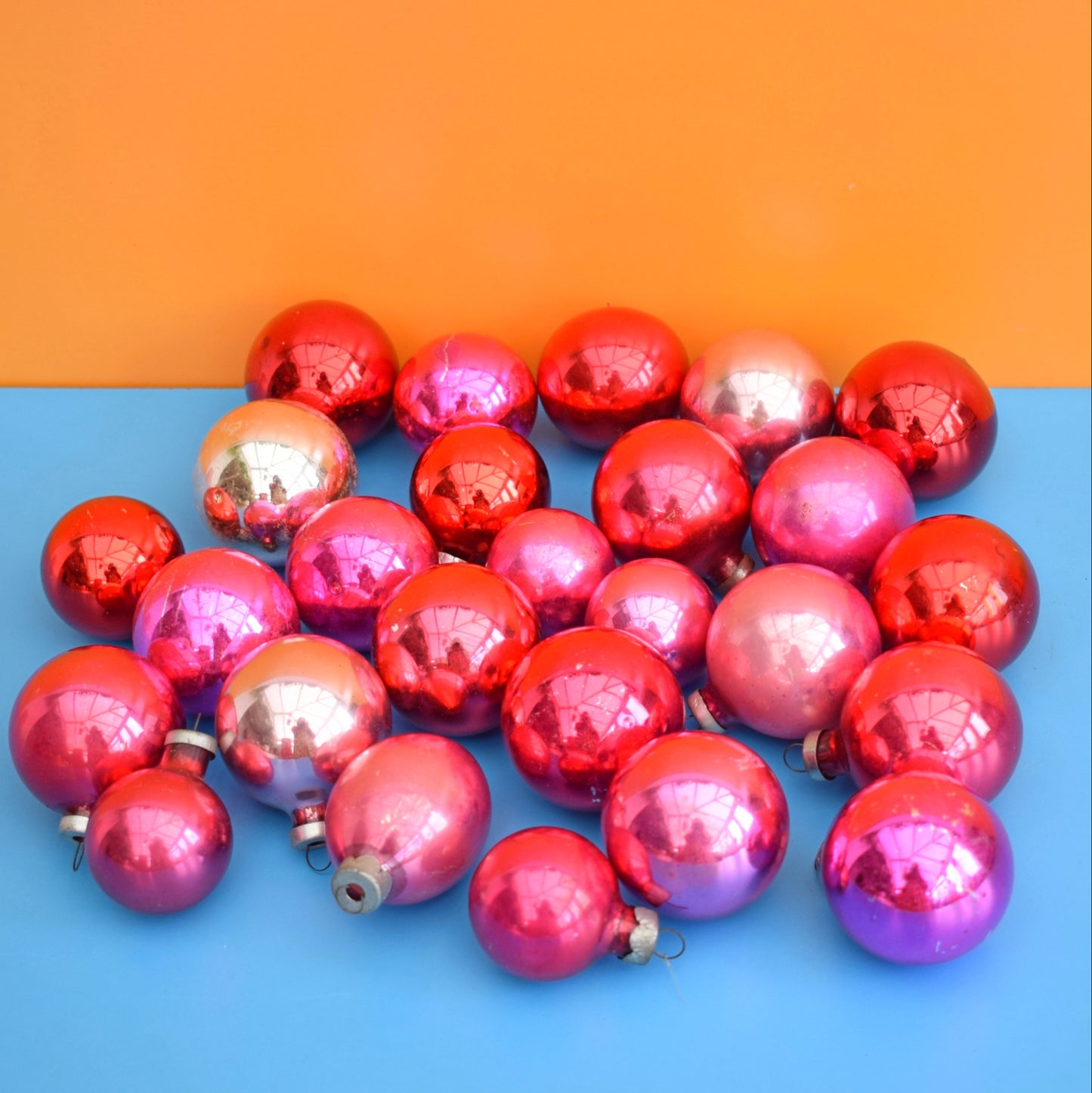 Vintage Mixed 1970s Glass Christmas Baubles - Pink/ Red