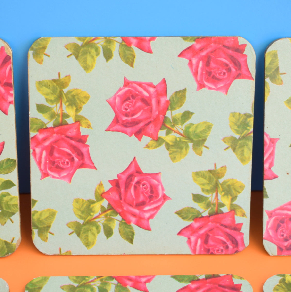 Vintage 1950s Place Mats x6 Pink Roses & Duck Egg Blue Pineapple Retro