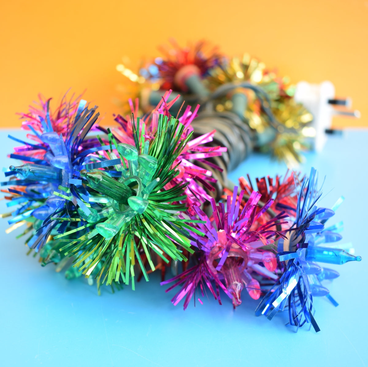Vintage 1960s Christmas String Lights - Tinsel Flowers #1