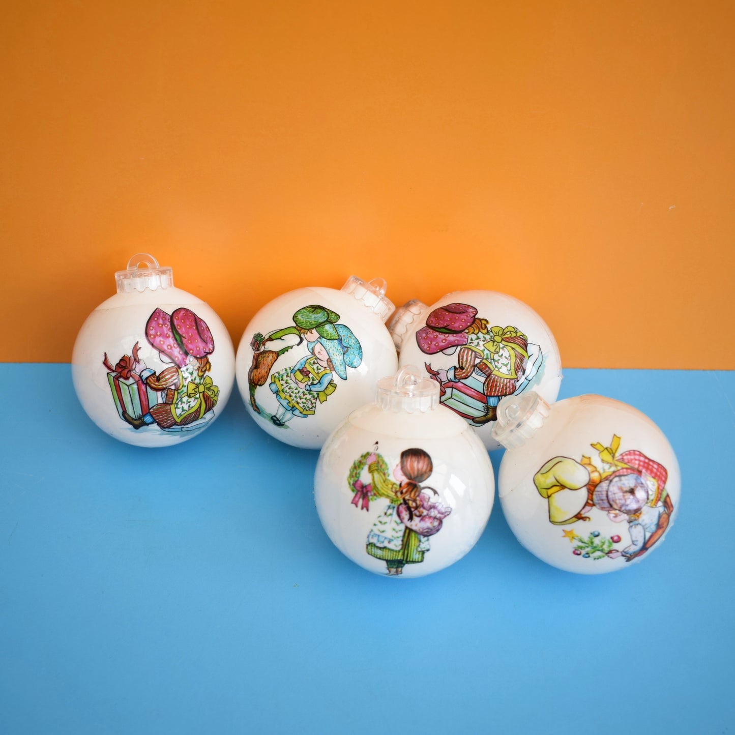 Vintage 1980s Plastic Christmas Baubles - Holly Hobbie