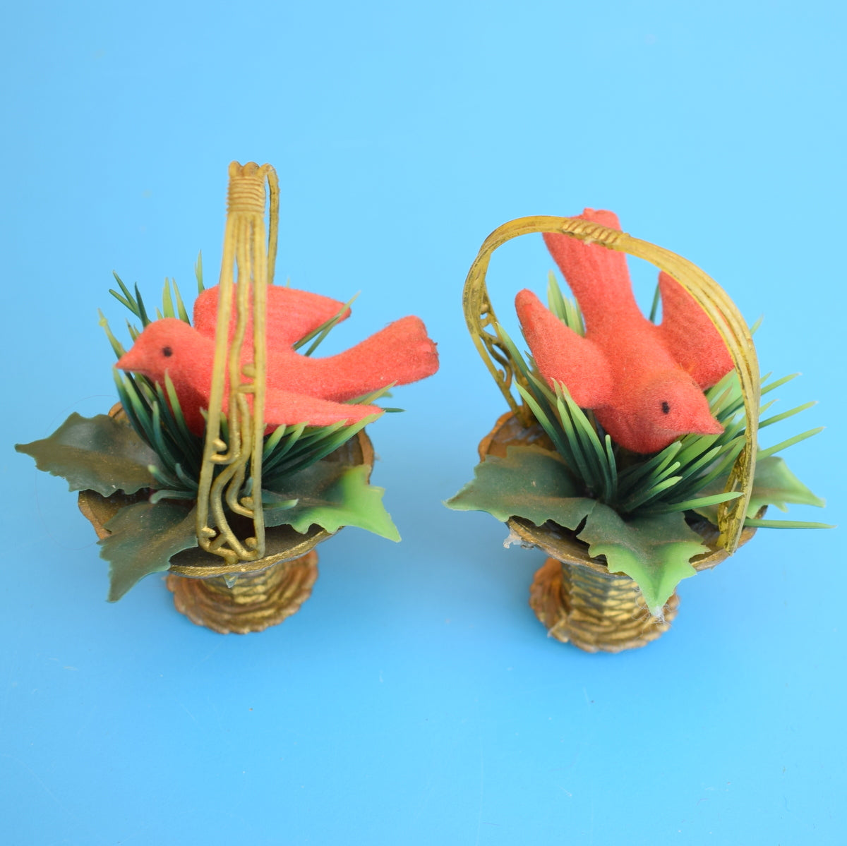 Vintage 1960s Kitsch Plastic Christmas Decorations - Birds In Baskets by Pineapple Retro
