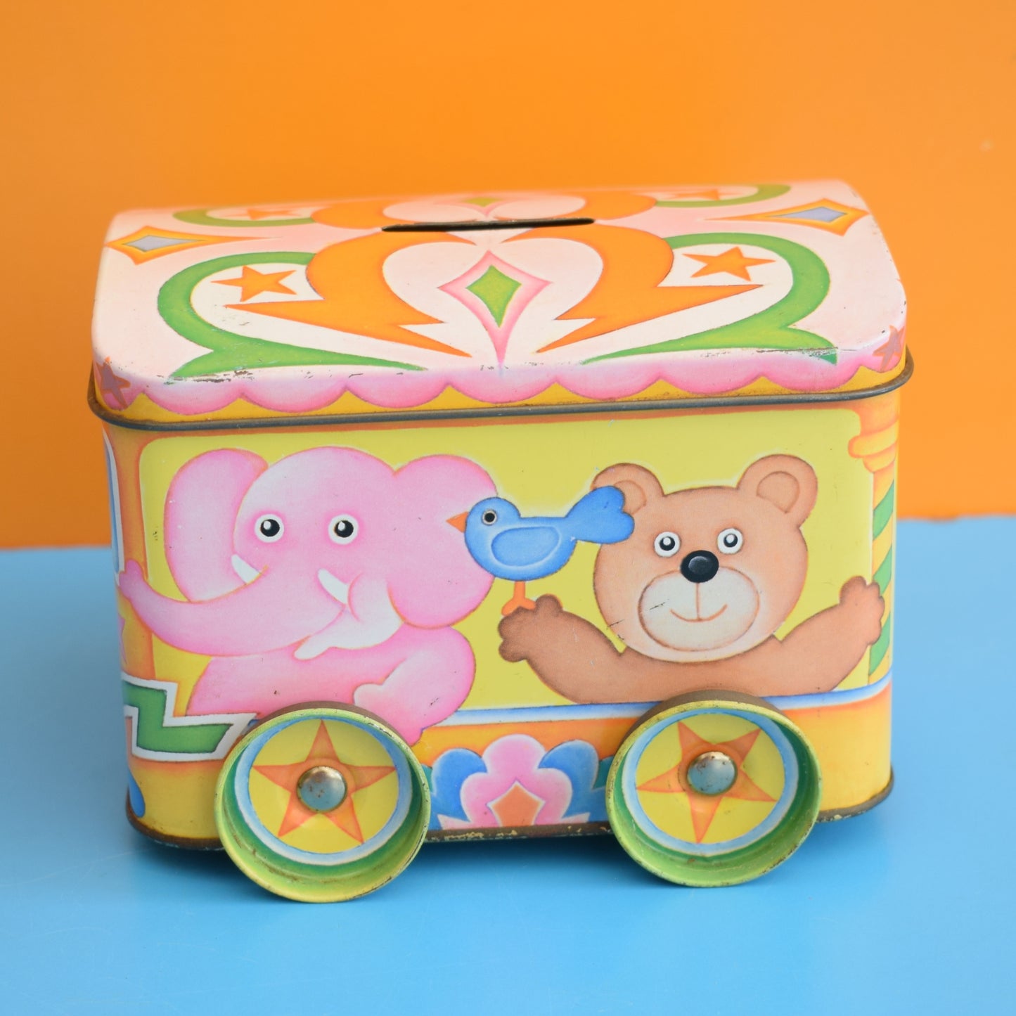 Vintage 1970s Metal Circus Train Tin - Pink by Pineapple Retro