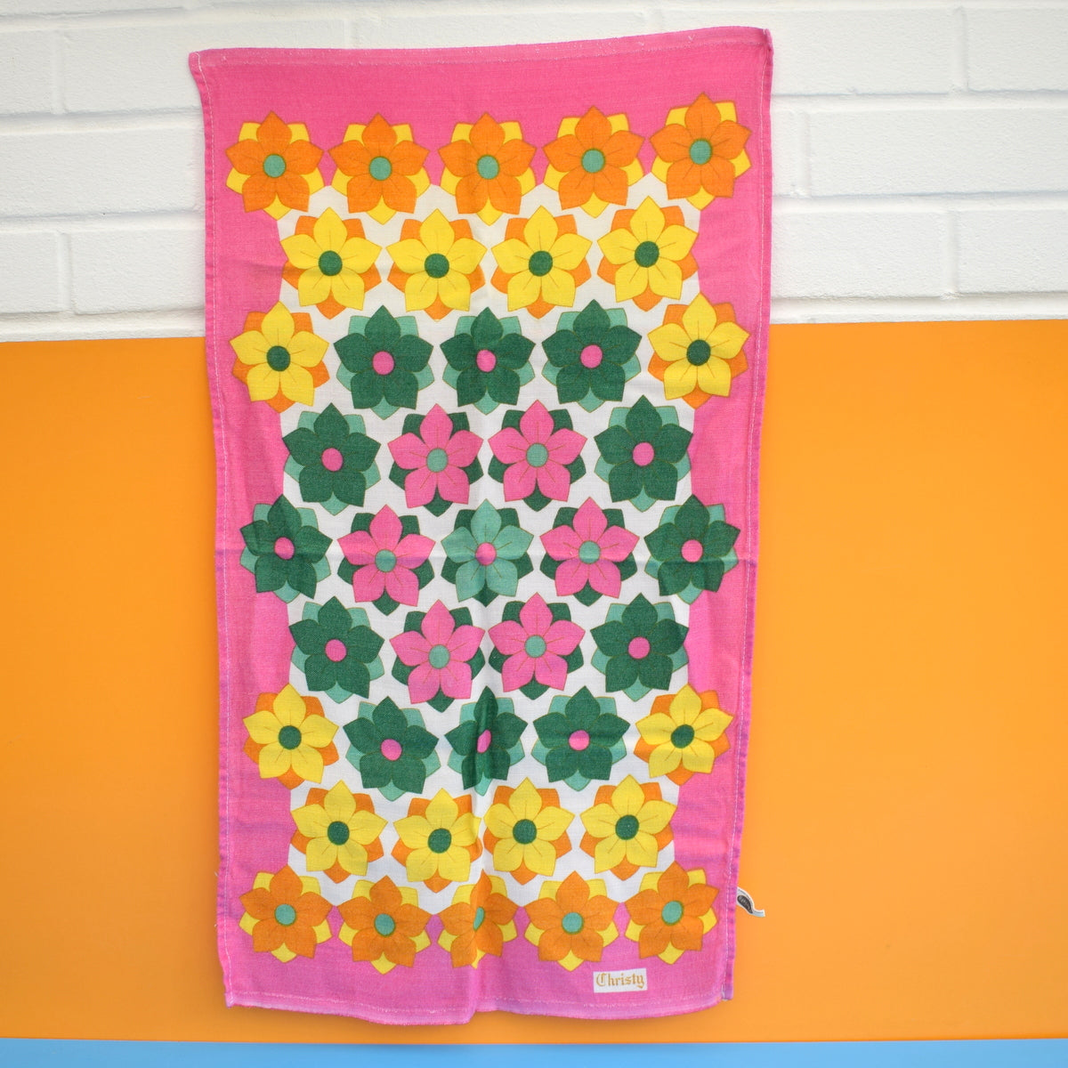 Vintage 1960s Cotton Tea Towel - Flower Power - Pink - Christy