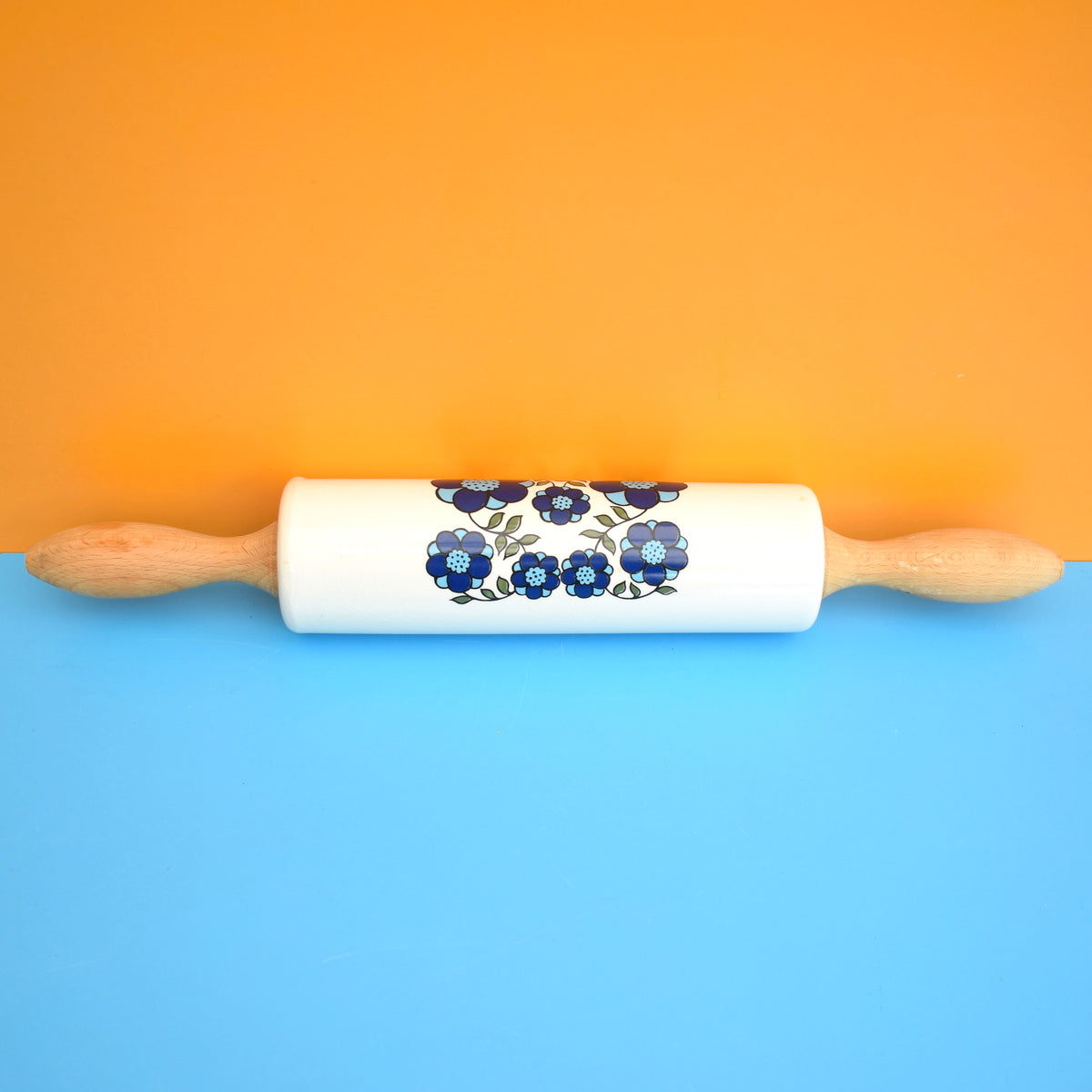 Vintage 1970s Flower Power Rolling Pin - Taunton Vale - Blue