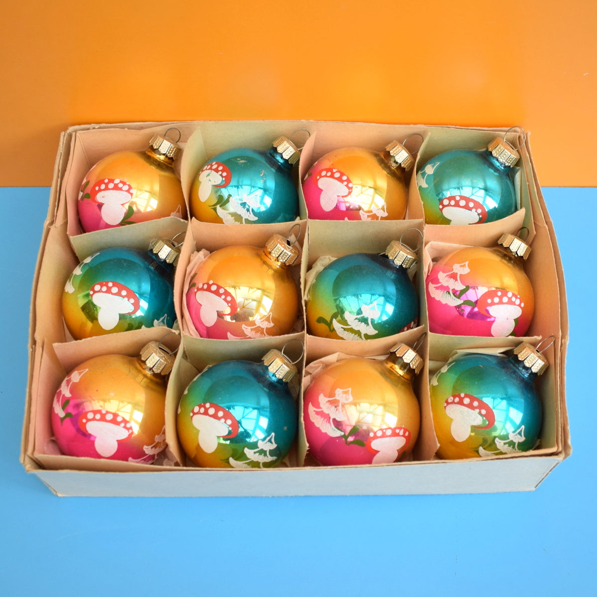 Vintage 1960s Glass German Christmas Baubles - Medium - Toadstools