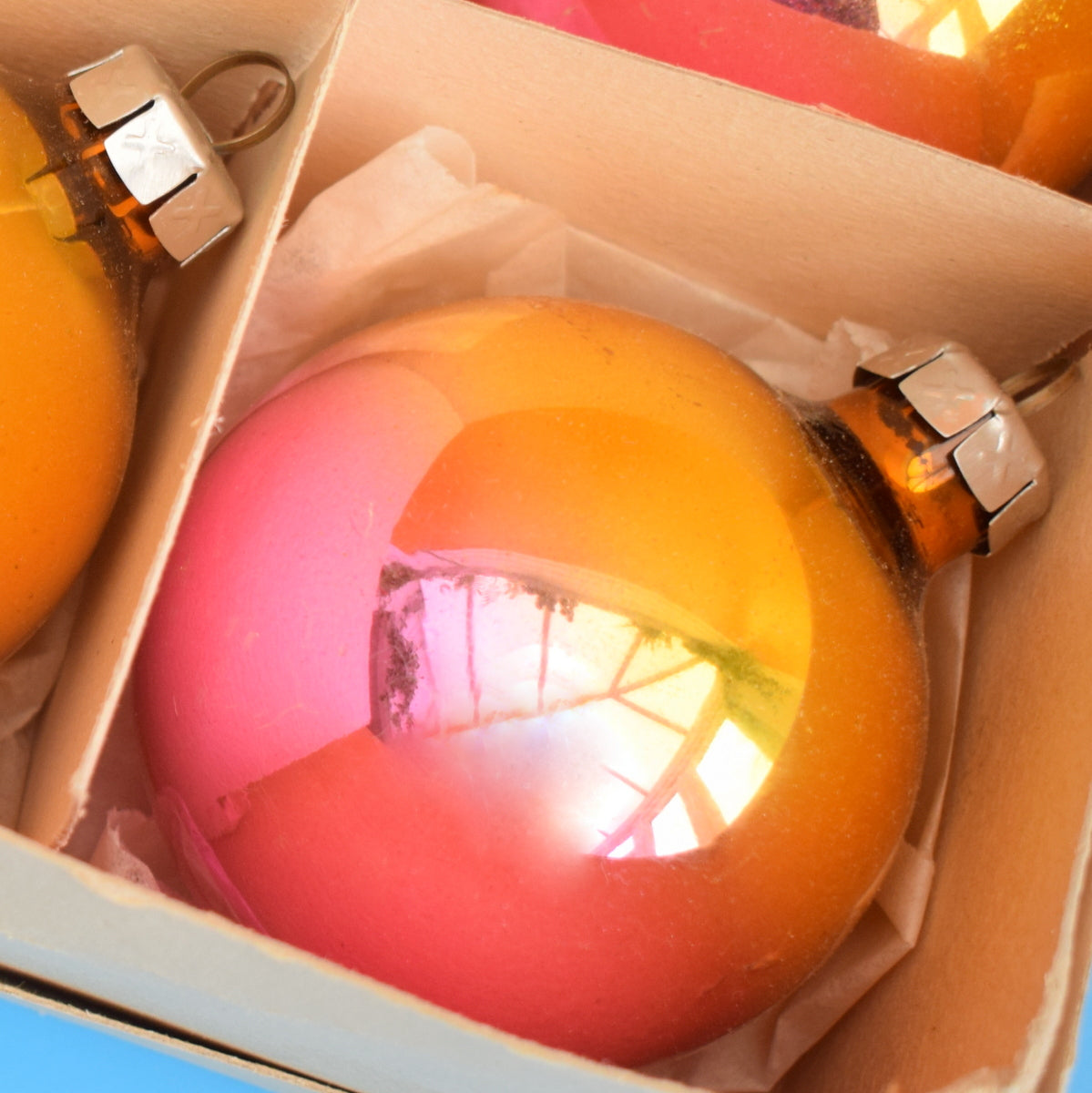 Vintage 1960s Glass German Christmas Baubles - Large - Pink/ Gold