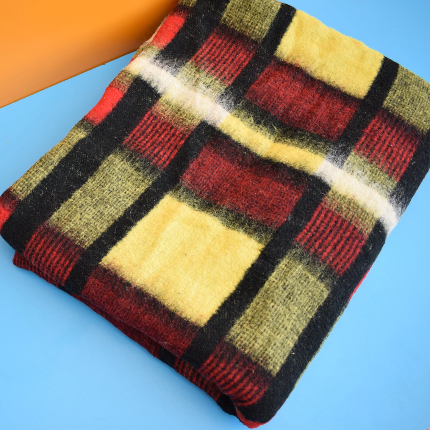 Vintage 1950s Wooly Blanket / Throw - Black/ Red/ Yellow