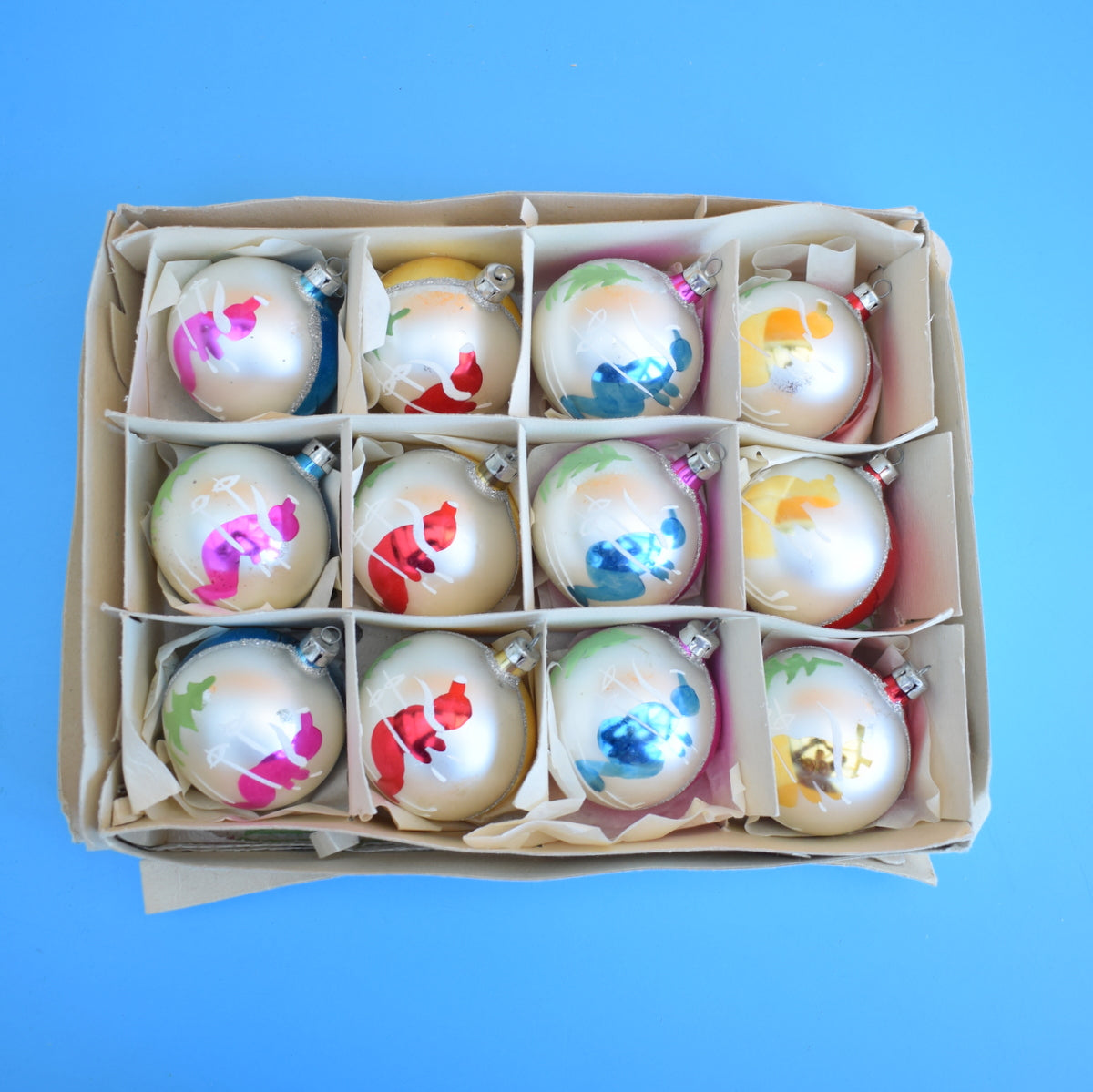 Vintage 1950s Hand Painted Medium Glass Christmas Baubles- Skiers