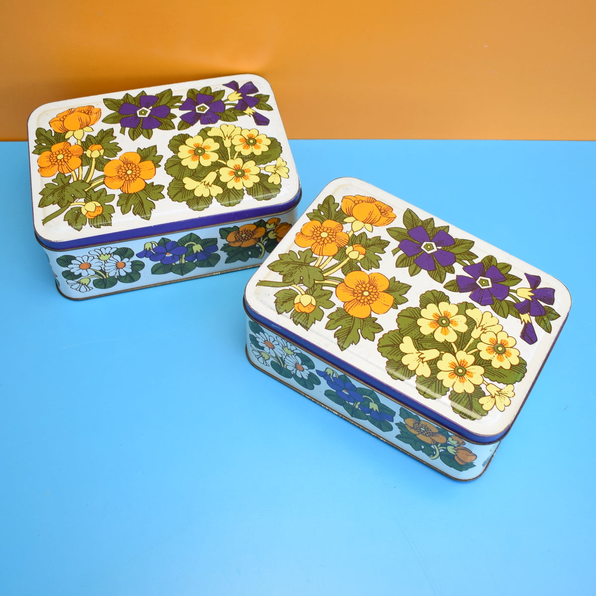 Vintage 1960s Metal Tin Box - Flower Design - Primroses