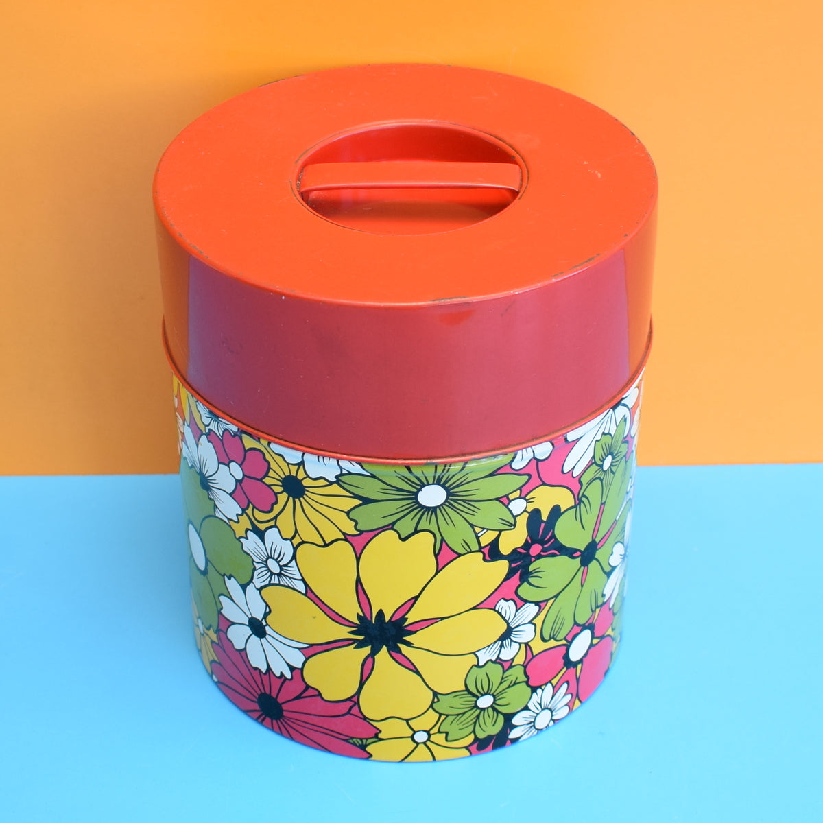 Vintage 1970s Large Metal Tin - Flower Design - Red