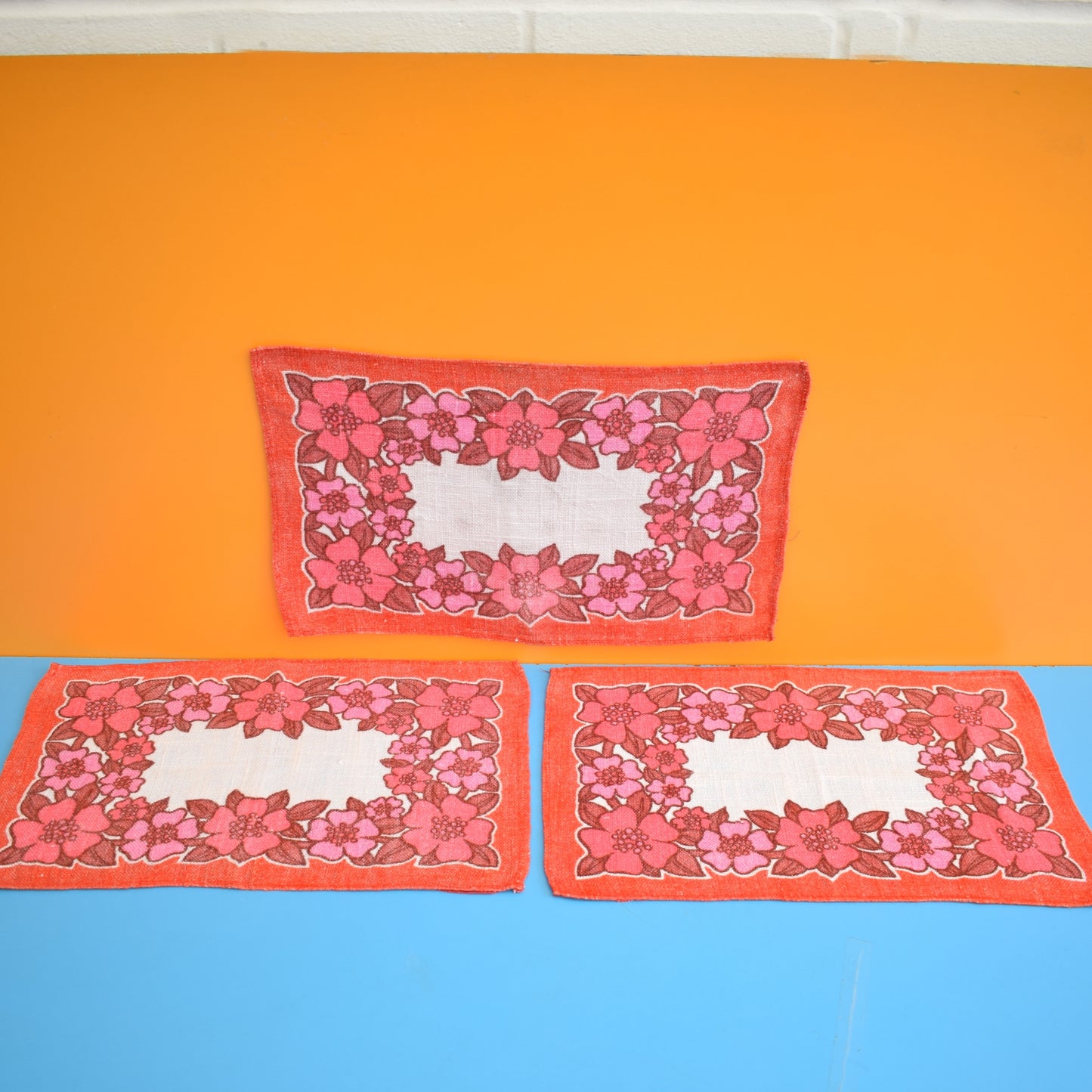Vintage 1960s Linen Placemats x3 - Pink & Red by Pineapple Retro