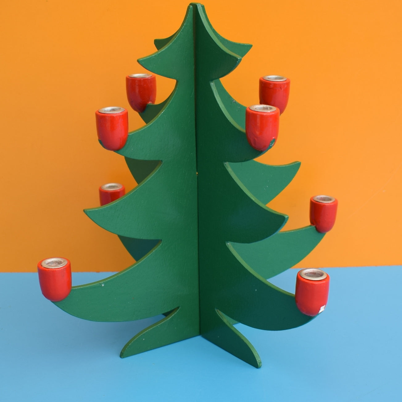 Vintage 1980s Wooden Kitsch Christmas Tree Candle Holder - Green by Vintage