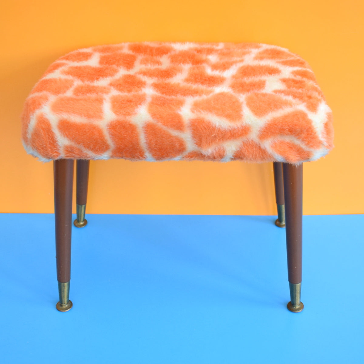 Vintage 1960s Rectangular Fluffy Stool - Orange Giraffe Print by Vintage