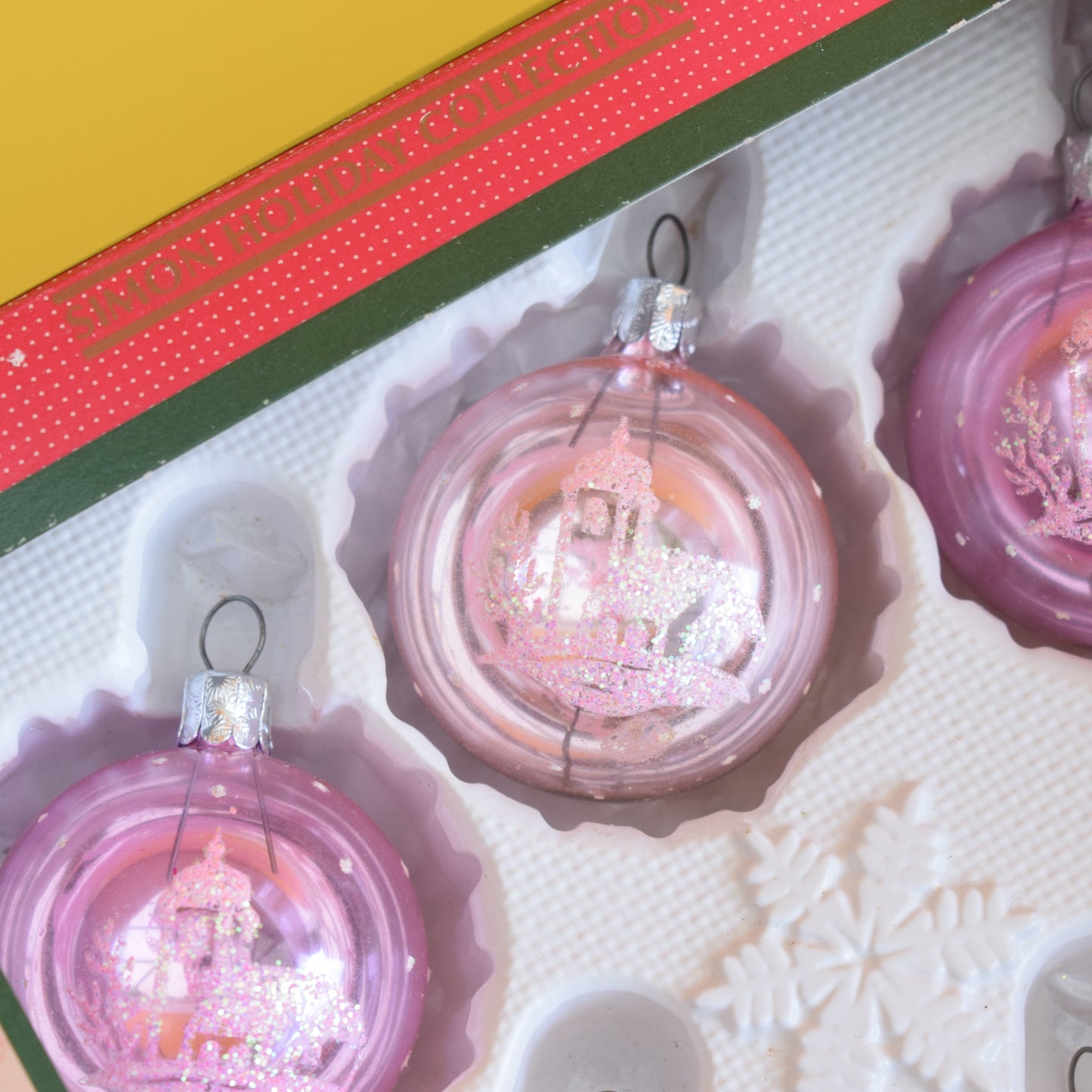 Vintage 1980s Glass Christmas Baubles - PInk Glitter