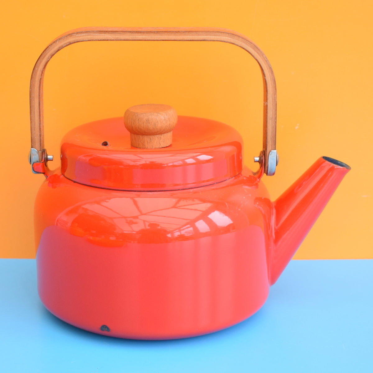 Vintage 1960s Enamel Kettle - Wooden Handle - Tomato Red by Pineapple Retro