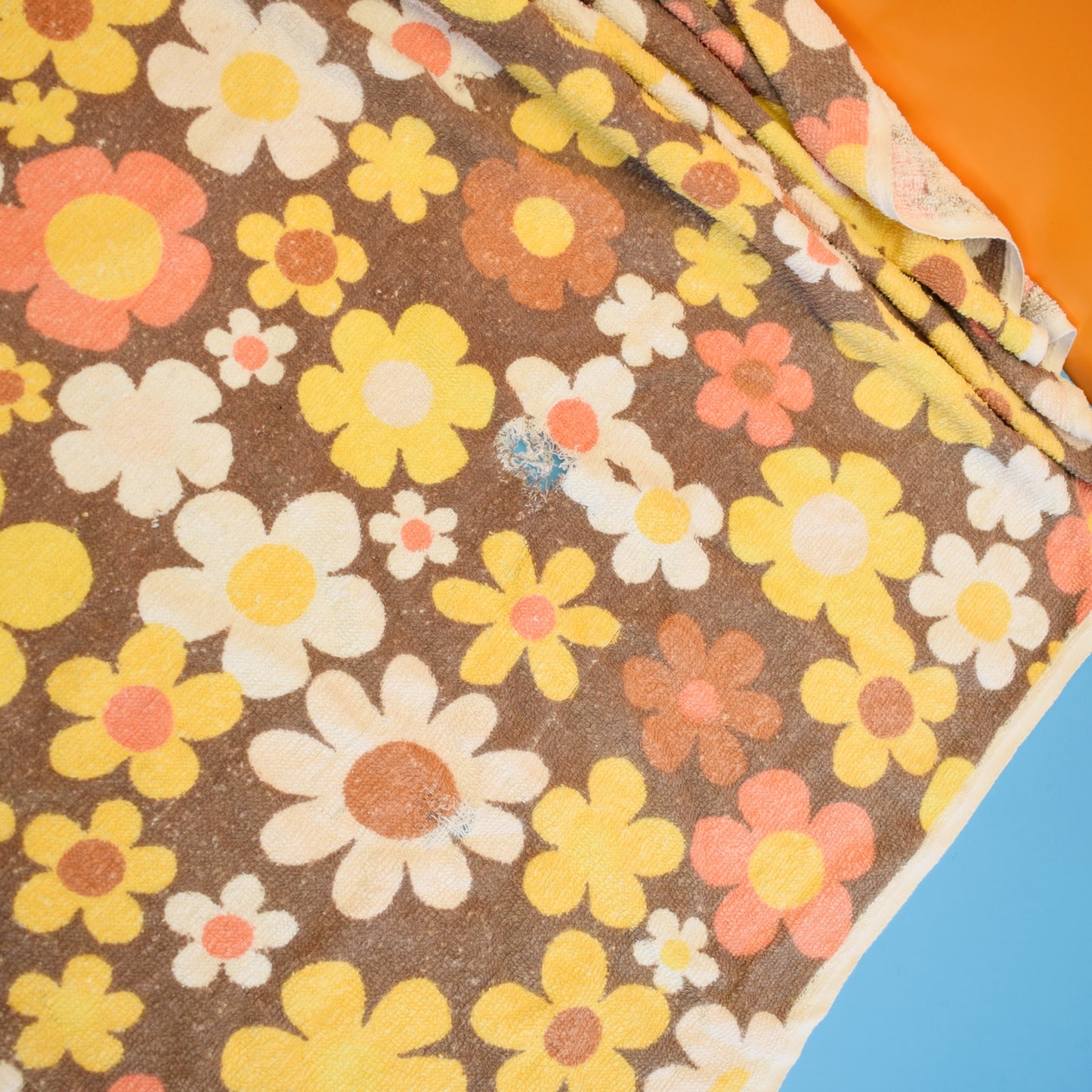 Vintage 1960s Towelling Fabric - Flowers - Brown & Yellow by Vintage