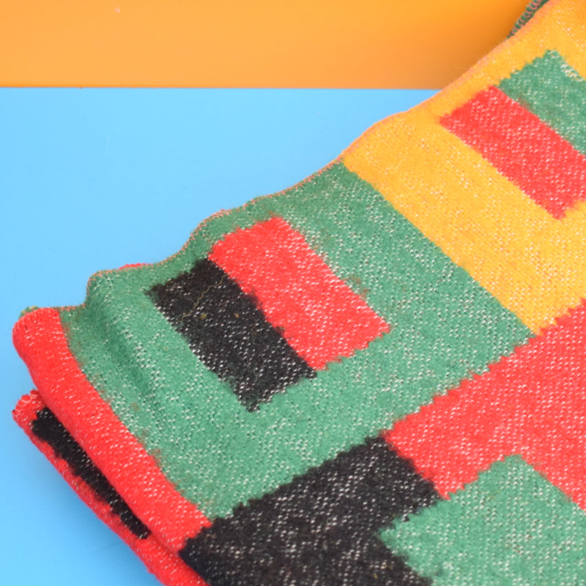 Vintage 1970s Wooly Blanket Or Throw - Black / Red / Yellow