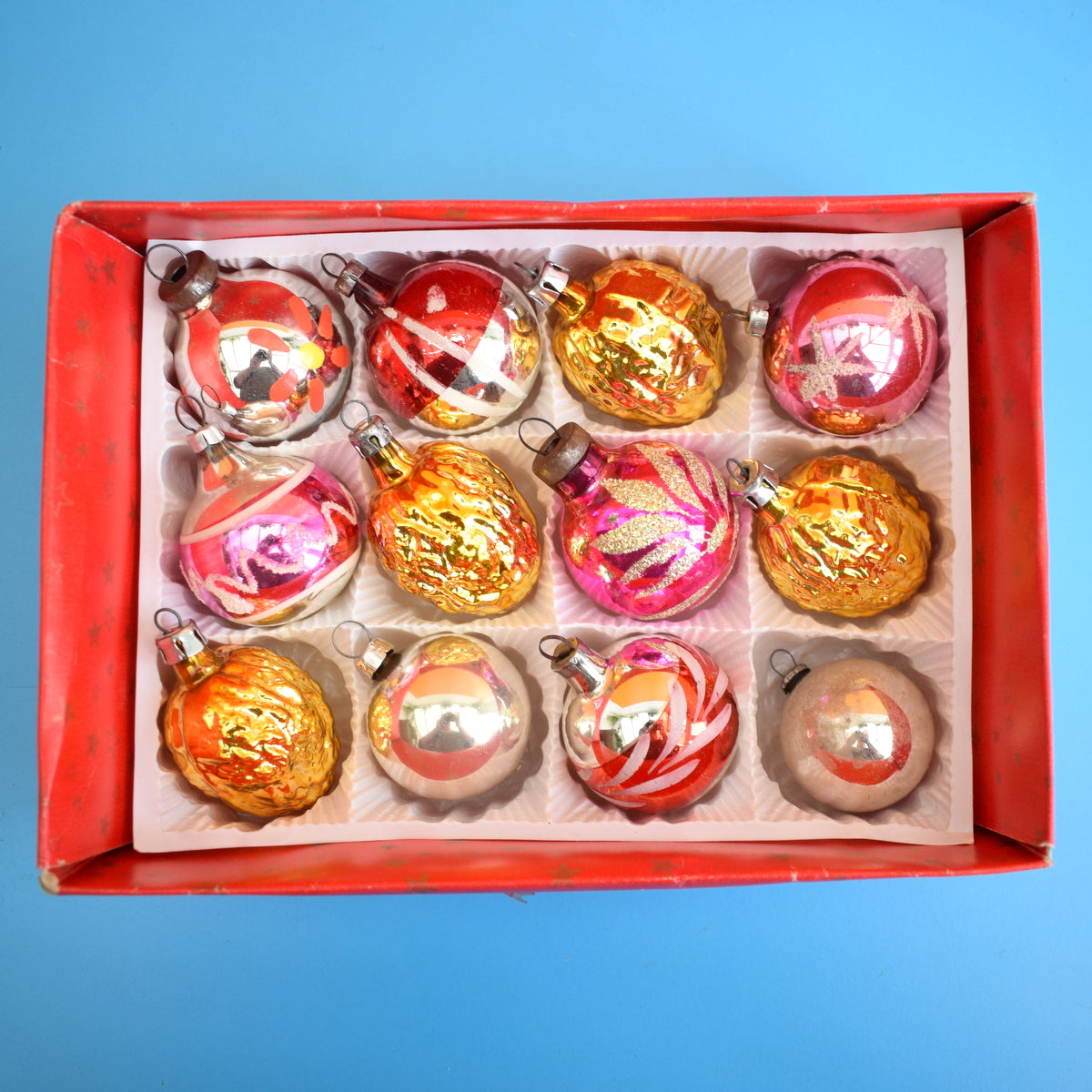 Vintage 1950s Small Glass Christmas Baubles - Boxed (Walnuts) by Pineapple Retro