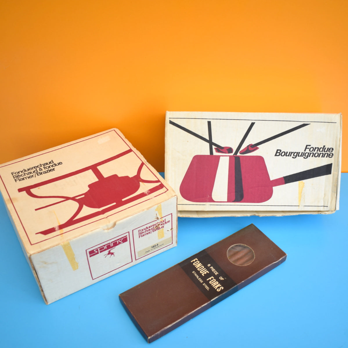 Vintage 1960s Swiss Fondue Set - Orange Enamel - Boxed by Vintage