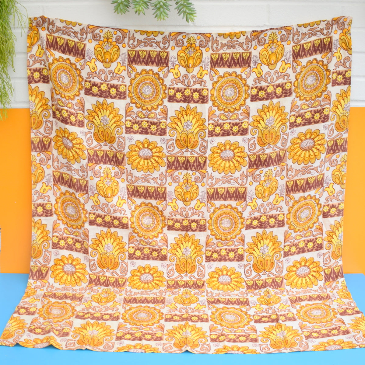 Vintage 1960s Barkcloth Curtains Flower Power - Mustard