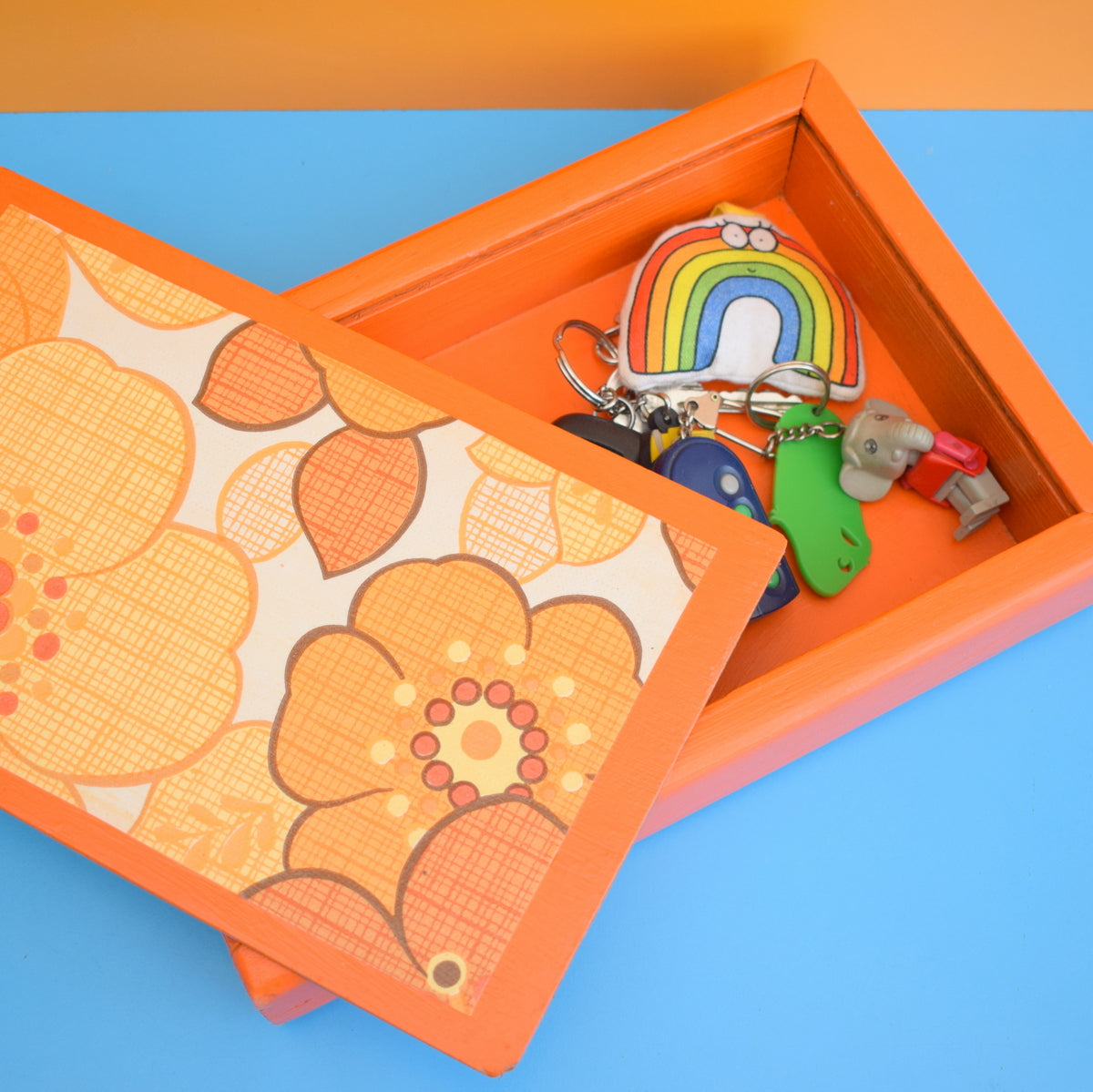 Vintage 1960s Wooden Bits Box - Flower Power - Orange by Pineapple Retro
