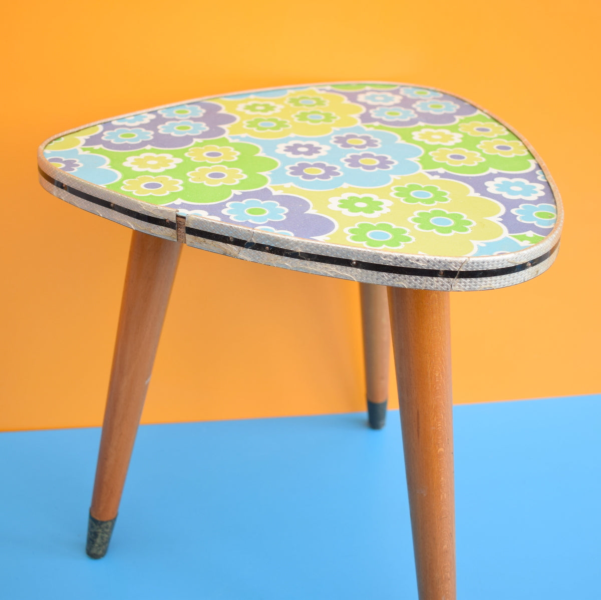 Vintage 1960s Small Triangular Side Table - Blue Flower Print by Pineapple Retro