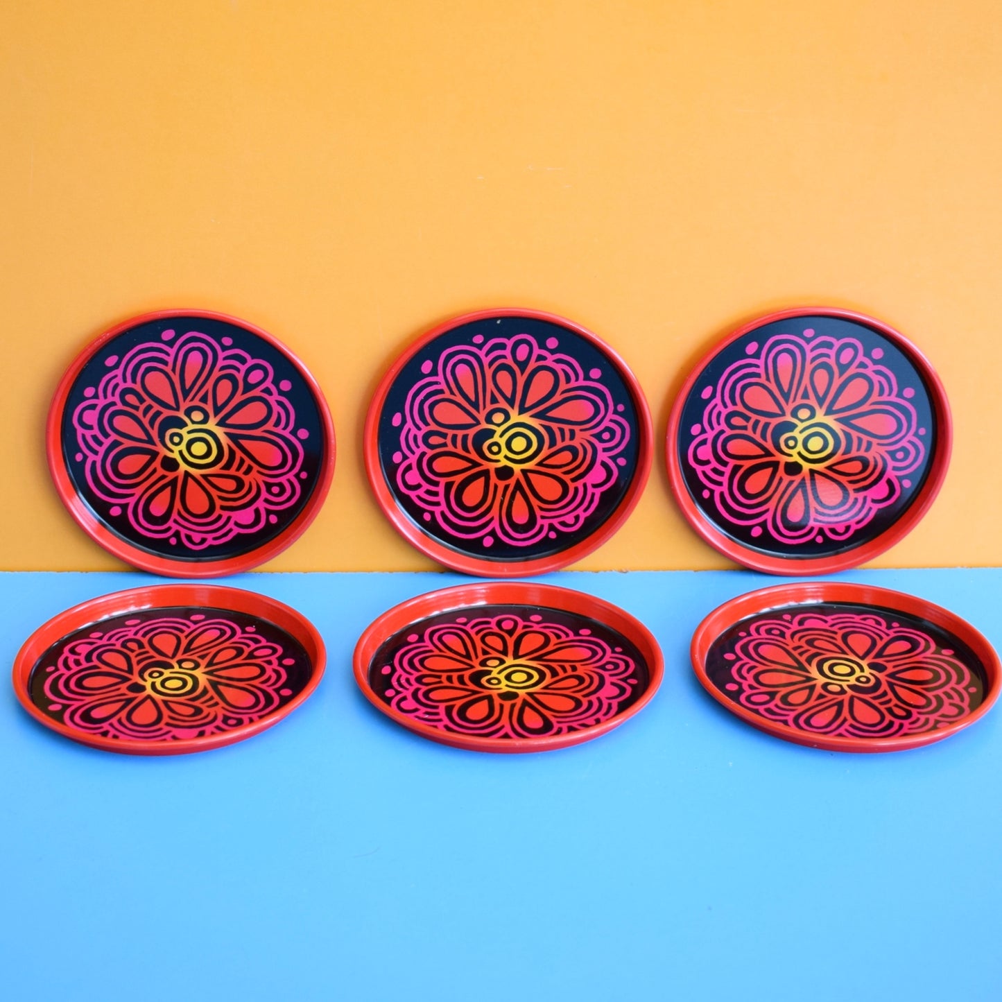 Vintage 1970s Metal Coasters x6 - Pink/ Black