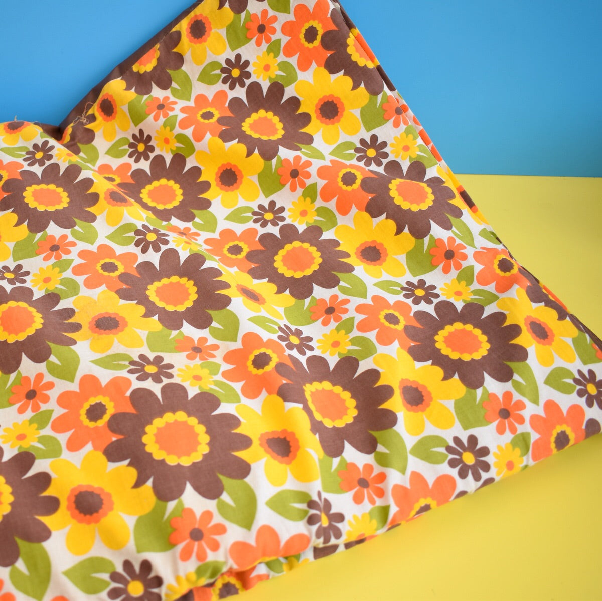 Vintage 1960s Padded Long Folding Cushion - Yellow & Orange Flower Power by Vintage