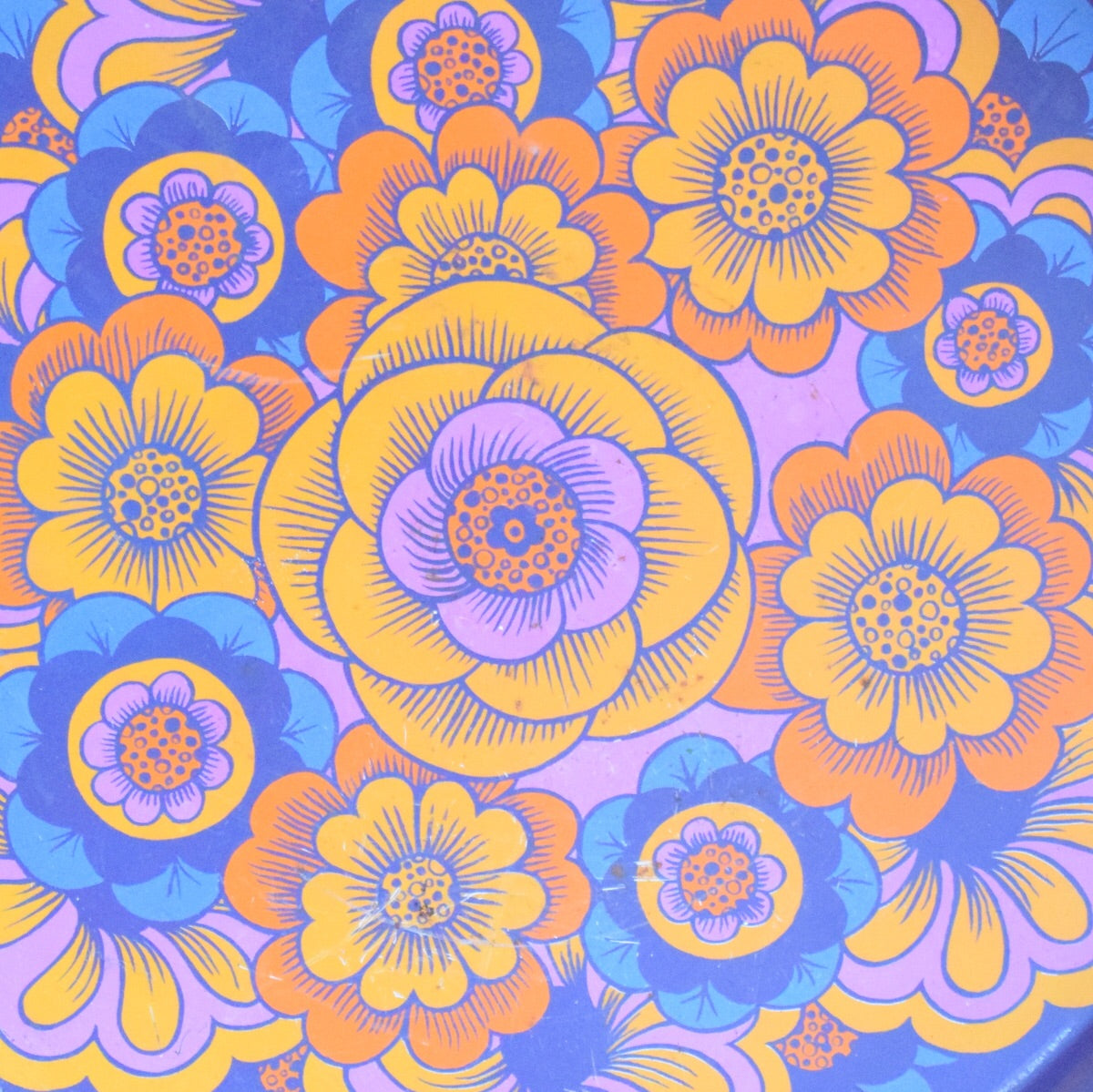 Vintage 1960s Round Tray - Flower Power Design, Purple & Orange