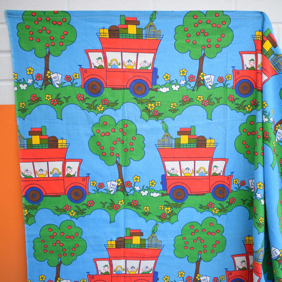 Vintage 1960s Fabric - Apple Trees & Red Buses.