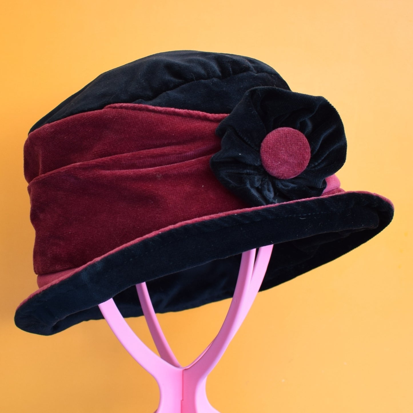 Vintage 1990s Velvet Patchwork Hat With Flower- Floppy