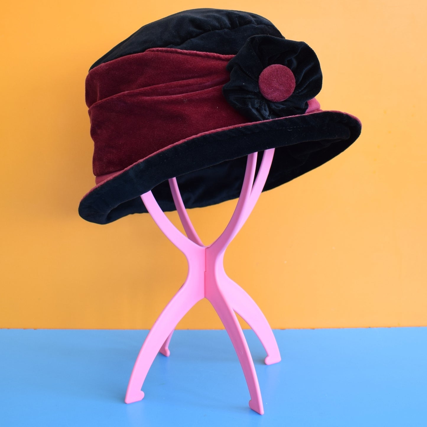 Vintage 1990s Velvet Patchwork Hat With Flower- Floppy