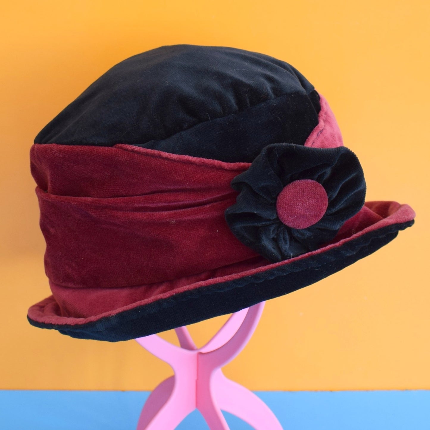 Vintage 1990s Velvet Patchwork Hat With Flower- Floppy