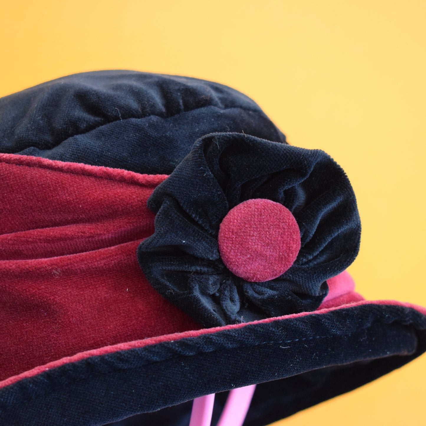 Vintage 1990s Velvet Patchwork Hat With Flower- Floppy
