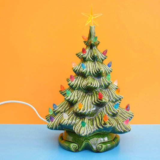 Vintage 1970s Ceramic Christmas Tree Lamp - Rainbow Bulbs - Green