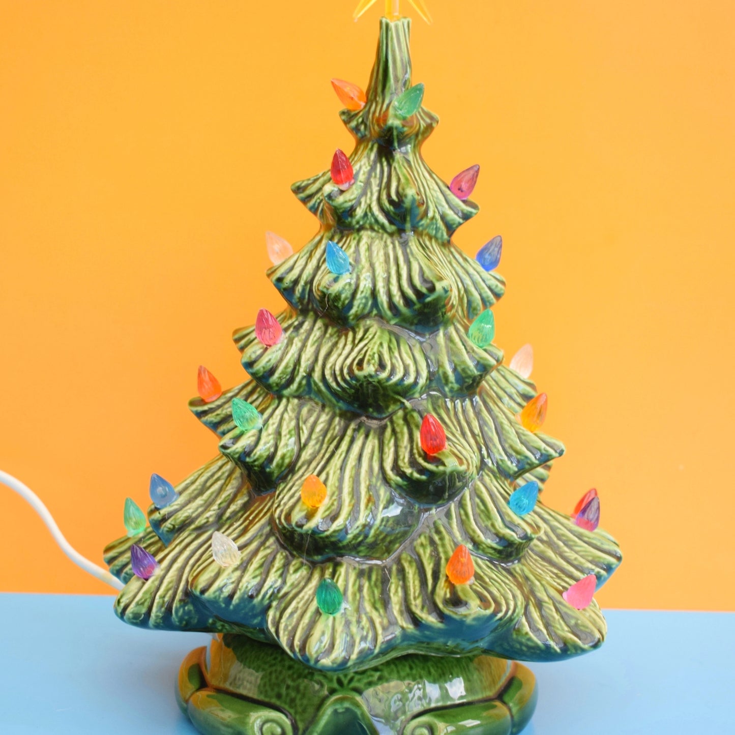 Vintage 1970s Ceramic Christmas Tree Lamp - Rainbow Bulbs - Green by Pineapple Retro