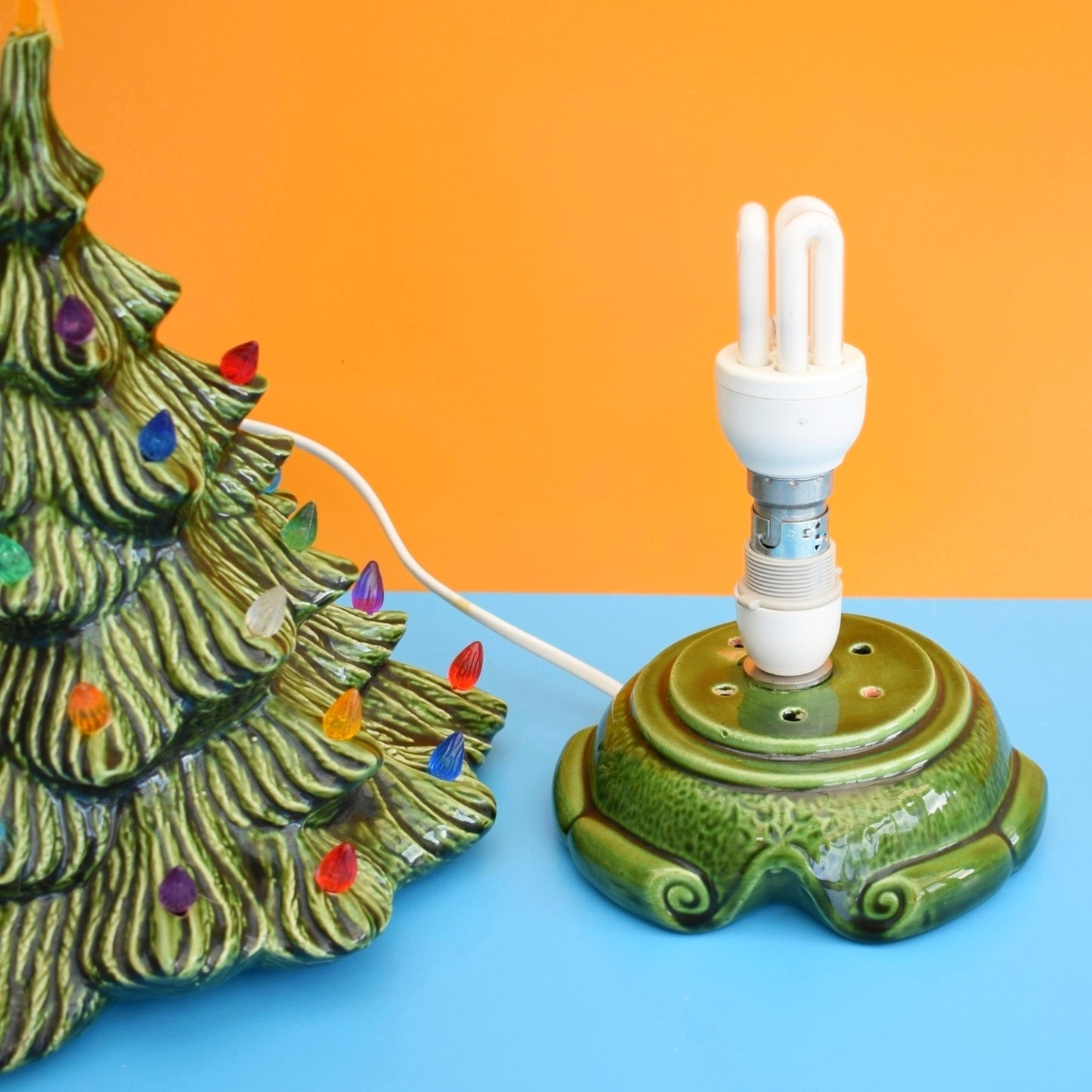 Vintage 1970s Ceramic Christmas Tree Lamp - Rainbow Bulbs - Green by Pineapple Retro