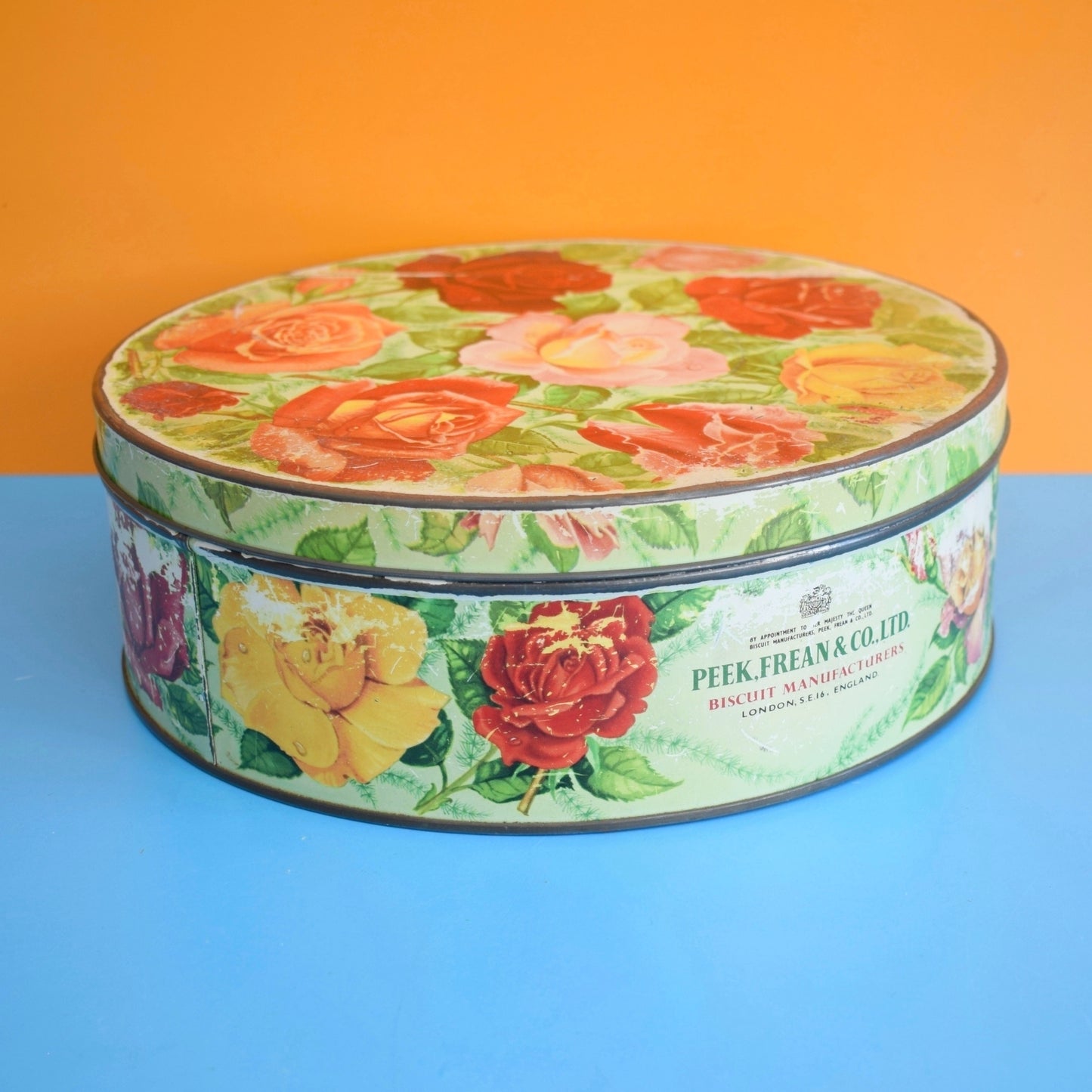 Vintage 1960s Metal Peek Frean & Co Biscuit Tin - Rose Print - Ideal Seed Store by Vintage