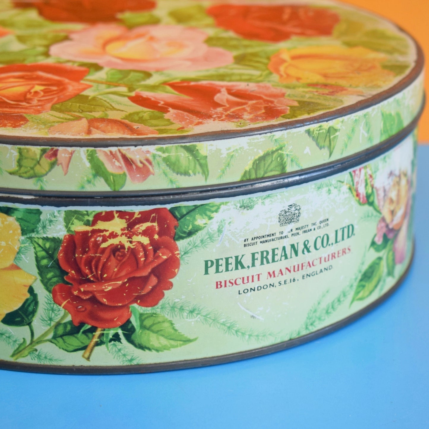 Vintage 1960s Metal Peek Frean & Co Biscuit Tin - Rose Print - Ideal Seed Store by Vintage