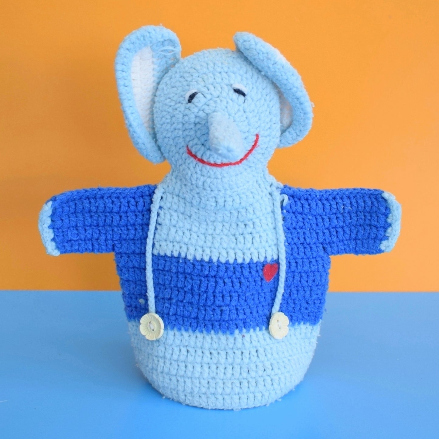Vintage 1970s Knitted Hand Puppet- Elephant - Blue