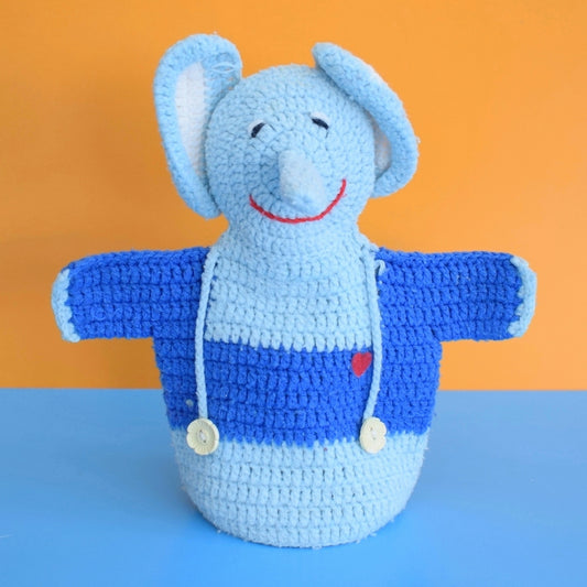Vintage 1970s Knitted Hand Puppet- Elephant - Blue