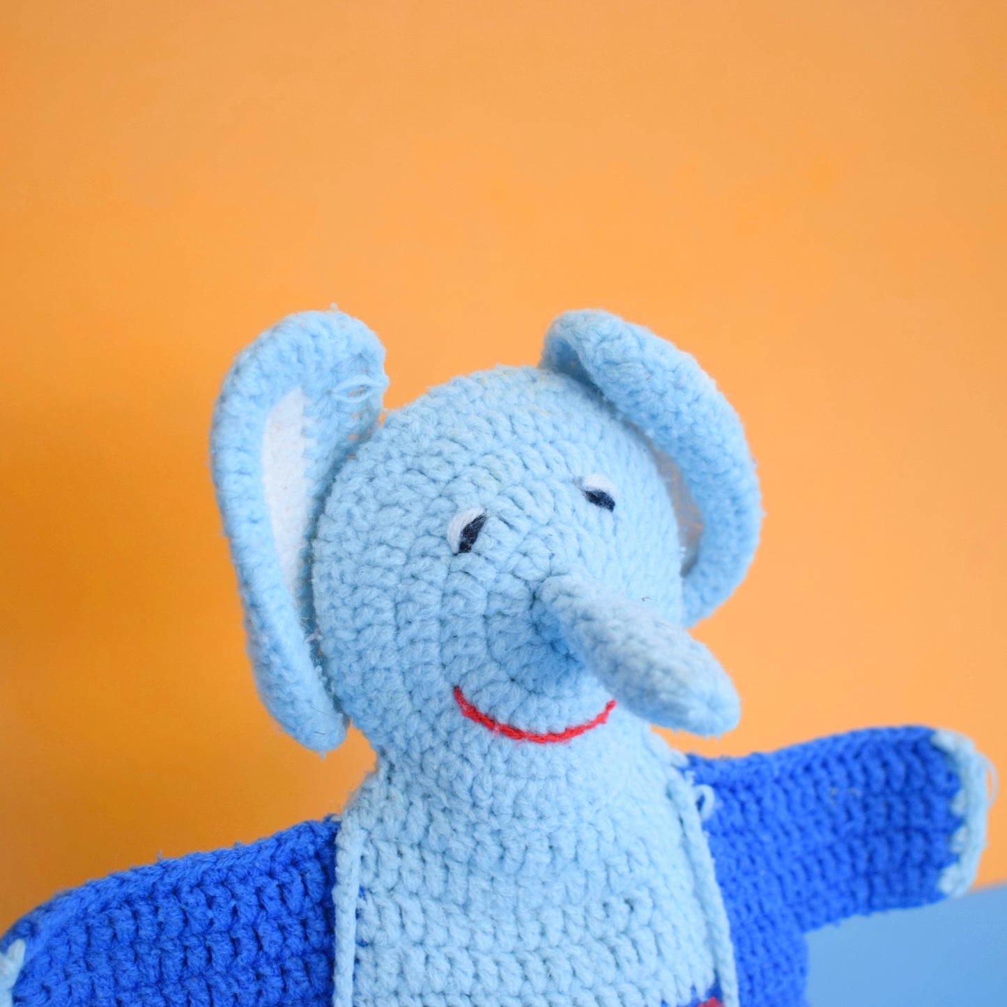 Vintage 1970s Knitted Hand Puppet- Elephant - Blue