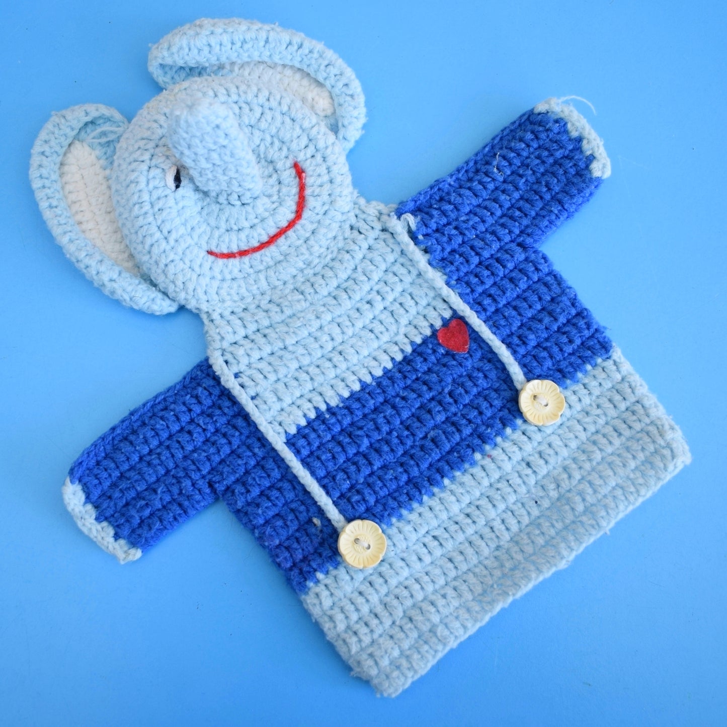Vintage 1970s Knitted Hand Puppet- Elephant - Blue