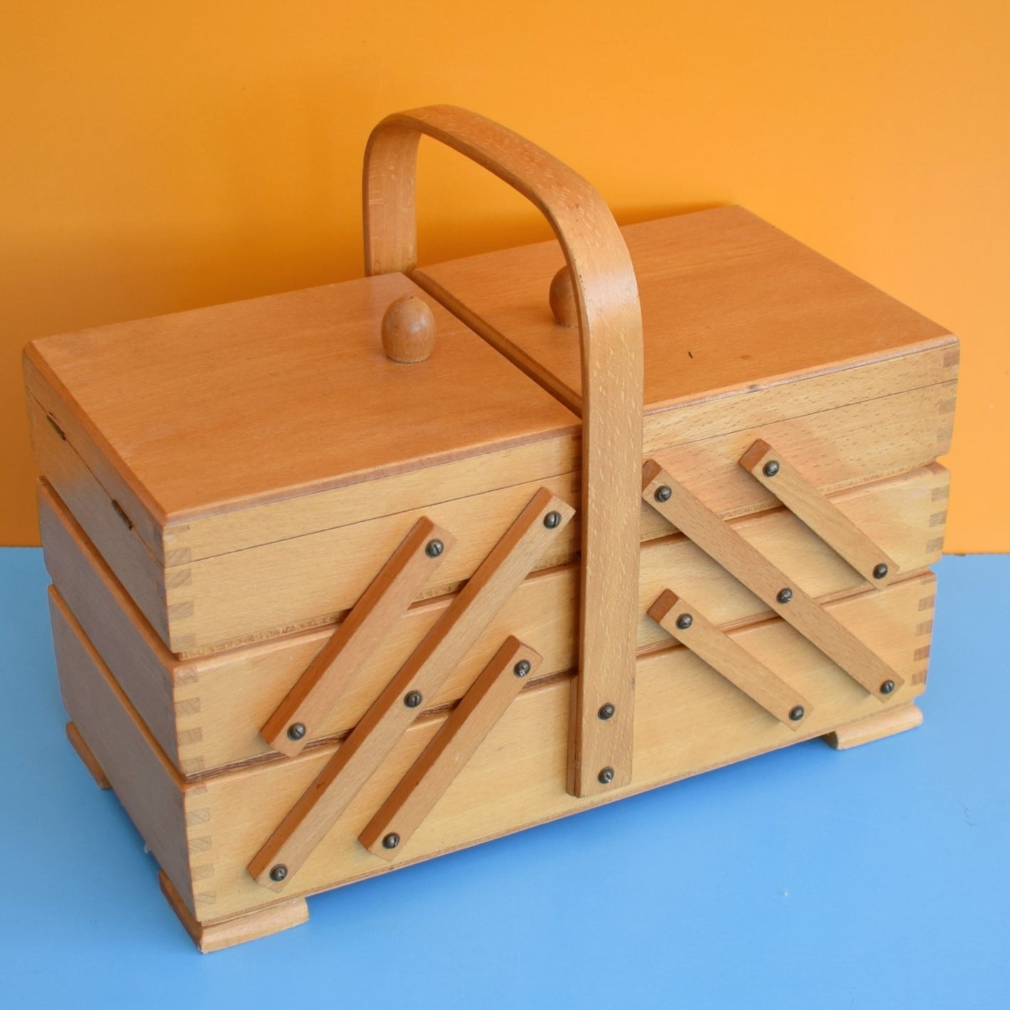 Vintage 1970s Sewing / Hobby Box - Cantilevered Wood