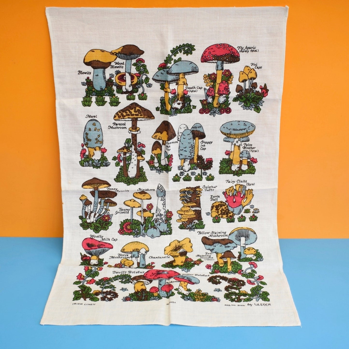 Vintage 1970s Cotton Tea Towel - Mushroom/ Toadstool Print .