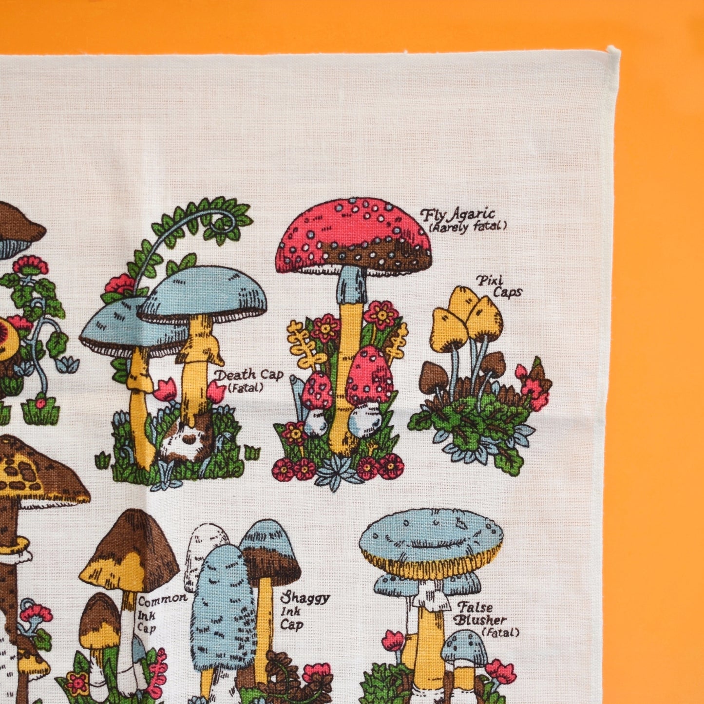 Vintage 1970s Cotton Tea Towel - Mushroom/ Toadstool Print .